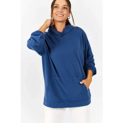 armonika Women's Dark Blue Hooded Pocket Sweatshirt