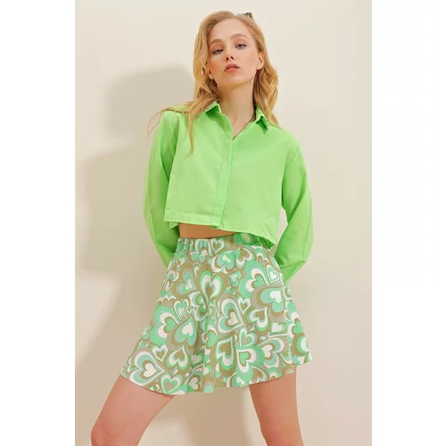 Trend Alaçatı Stili Women's Green Patterned Mini Shorts Skirt