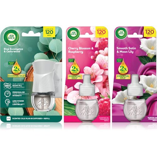 Air Wick Cherry Blossom & Rasberry Blue Eucalyptus & Cedarwood Essential Oils Smooth Satin & Moon Li osvežilec zraka Cene