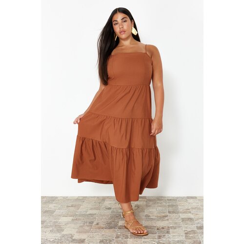 Trendyol Curve Brown Relaxed Woven Plus Size Dress Slike