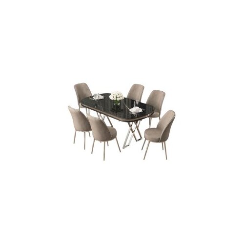 Hanah home lai - black marble, chrome, cappuccino black marblechromecappuccino dining table & chairs set (7 pieces) Cene