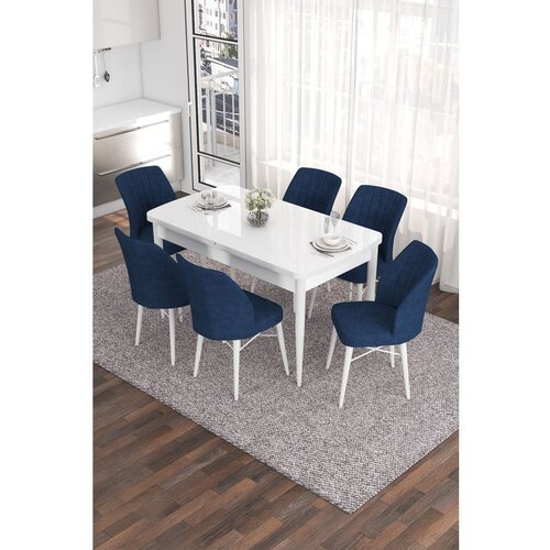 Hanah home Eva - White, Navy Blue WhiteNavy Blue Extendable Dining Table & Chairs Set (7 Pieces) Cene