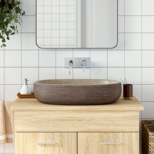 vidaXL Nadpultni umivalnik peščen in rjav ovalen 59x40x14 cm keramika Cene