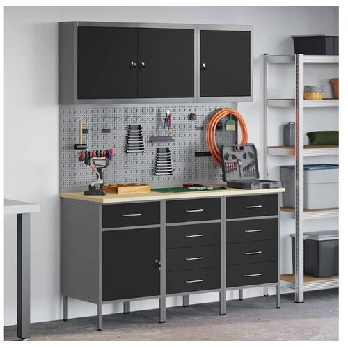 vidaXL Delovna miza s predalom 8 pcs Črna 150 x 55 x 200 cm Jeklo - - črna - 88.2 - 150 x 55 x 200 cm - Cene