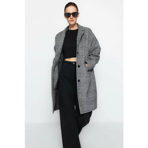 Trendyol Black Oversize Wide-Cut Checkered Long Stamped Coat