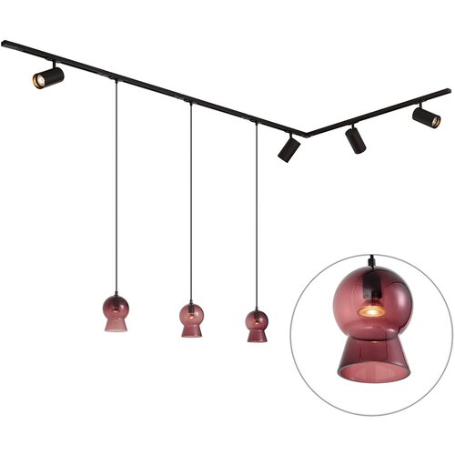QAZQA Sodoben črn tirni sistem s 4 reflektorji in 3 vijoličnimi visečimi svetilkami 1-fazni - Iconic Bell Jeana Luxe Slike