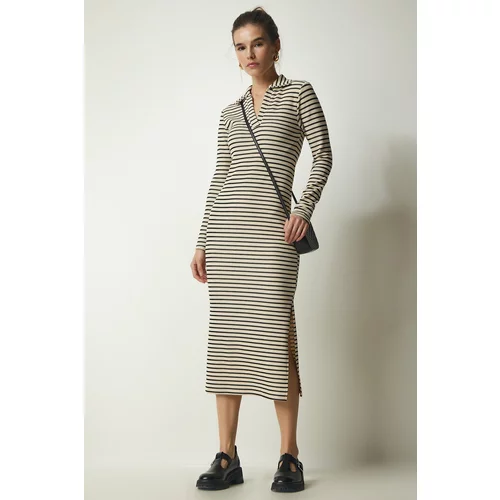 Happiness İstanbul Women's Beige Polo Neck Striped Camisole Dress