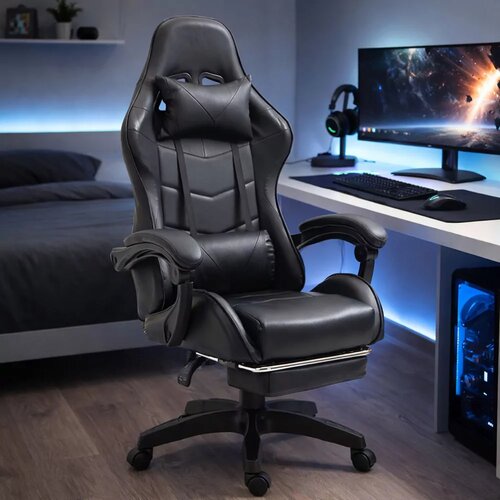 Lean Toys Igralni stol LEAN črna&ndash; ergonomski gaming stol z naslonom za noge Cene