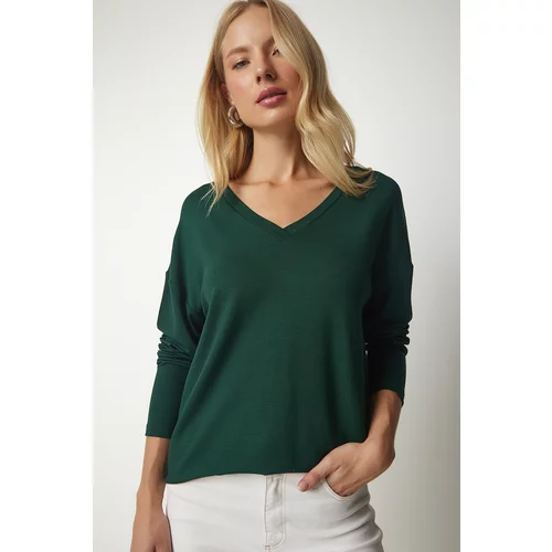 Happiness İstanbul Women's Emerald Green V-Neck Knitwear Blouse