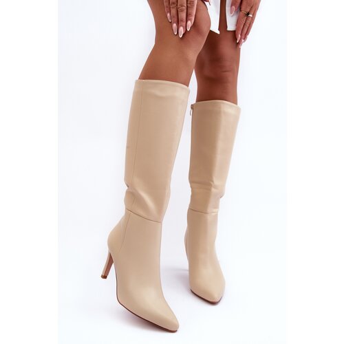 Kesi Leather high heel over the knee Beige Serpens Slike