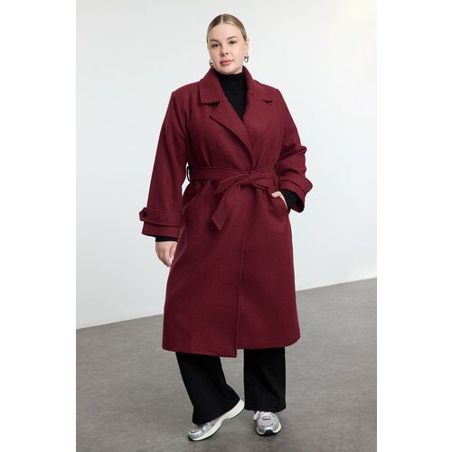 Trendyol Curve Claret Red Regular Fit Wide Collar Detailed Long Wool Blend Cashmere Coat Slike