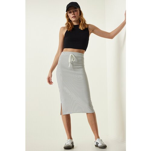 Happiness İstanbul Women's White Striped Slit Wrap Knitted Skirt Slike
