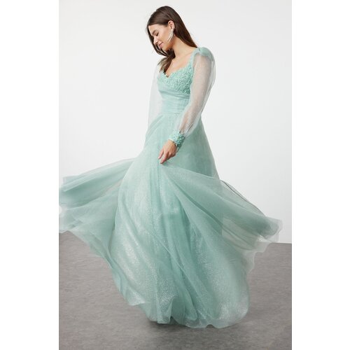 Trendyol Mint A-Cut Woven Long Elegant Evening Dress Slike