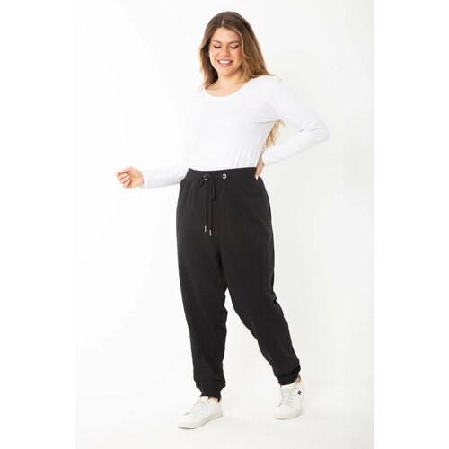 Şans Women's Plus Size Black Eyelet Laced Waist And Ribbed Cuff Tracksuit Trousers Slike