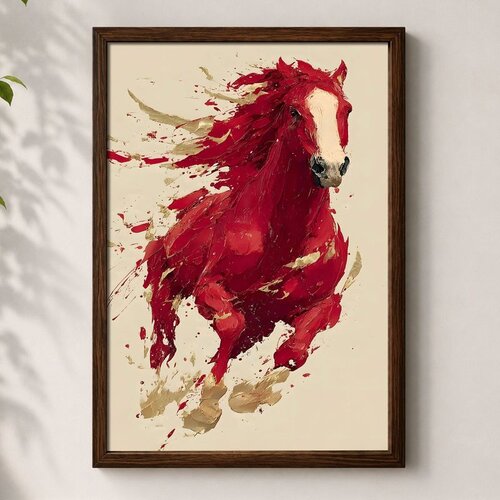 Wallxpert uramljena mdf slika 3752KACT-015, crveni konj u galopu na krem pozadini, 37 x 52 cm Cene