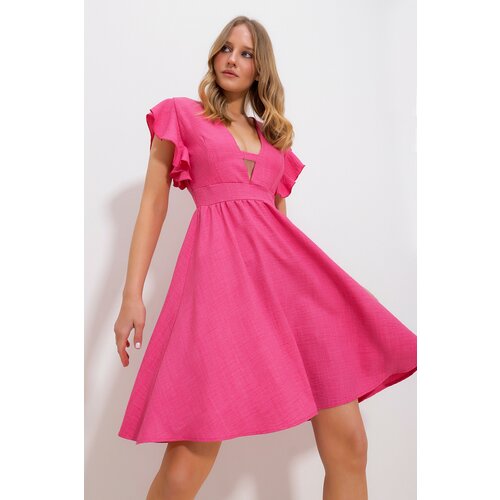 Trend Alaçatı Stili Women's Pink V-Neck Flounce Sleeves Back Zippered Aerobin Linen Woven Dress Cene