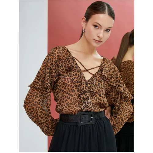 Koton Leopard Pattern Blouse Chiffon Long Sleeve Ruffle V Neck