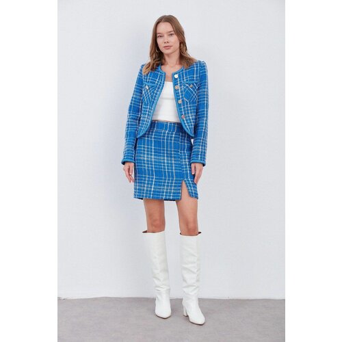 Laluvia Blue Striped Skirt Jacket Tuvid Suit Slike