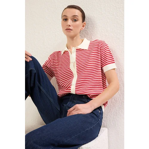 Trendyol Red Polo Collar Striped Knitted Blouse