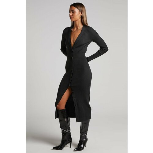 Madmext V-Neck Long Knitwear Dress With Black Buttons Slike