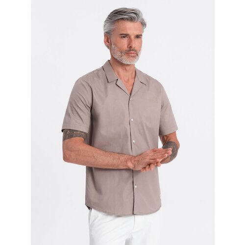 Ombre Men's short sleeve shirt with Cuban collar - dark beige Cene