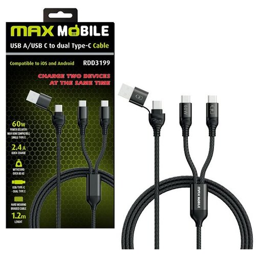 Max Mobile DATA KABEL USB/TYPE C - DUAL TYPE C RDD3199 BLACK 2.4A 60W 1.2m Cijene