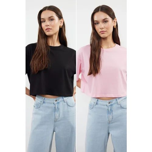 Trendyol Black-Pink 2 Pack 100% Cotton Relax/Comfortable Cut Crop Knitted T-Shirt