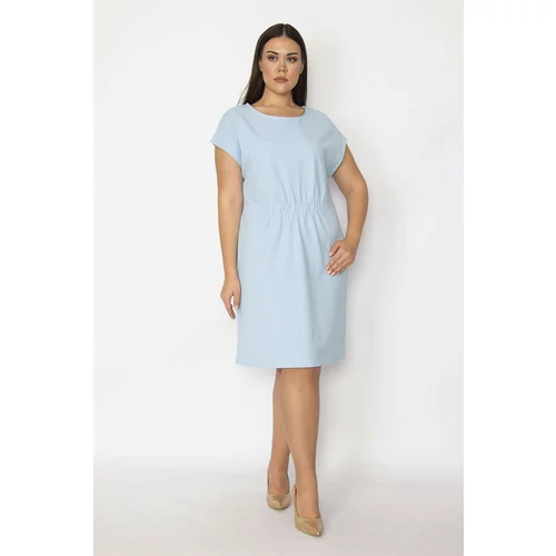 Şans Women's Plus Size Blue Front Waist Elastic Detail Low Sleeve Dress