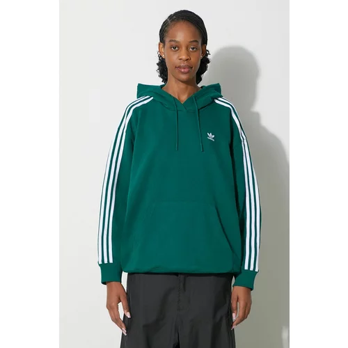 Adidas Pulover 3-Stripes Hoodie OS ženski, zelena barva, s kapuco, IN8400