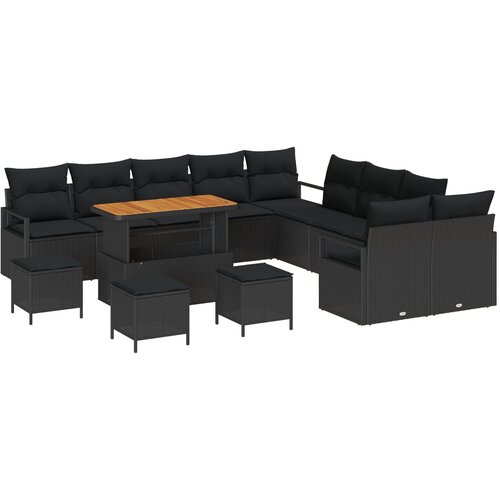 VidaXL set za vrtne sofe s 14 dijelova s jastučićima Crna Poli Ratan Akacija, 2-sjedalna vrtna sofa s prostorom za pohranu i jastučićima Crna Poli Ratan, set za vrtno blagovanje s 4 dijela s jastučićima Crna Poli Ratan Akacija Slike