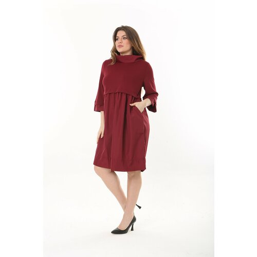 Şans women's plus size burgundy collar sleeve cuff and skirt taffeta fabric dress Slike