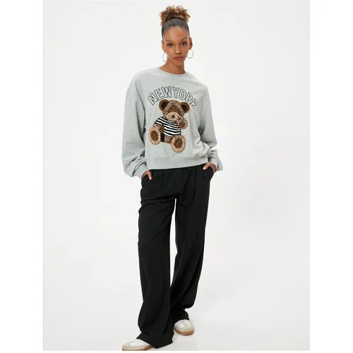 Koton Crew Neck Sweatshirt Oversize Teddy Bear Embroidered Slogan Raised