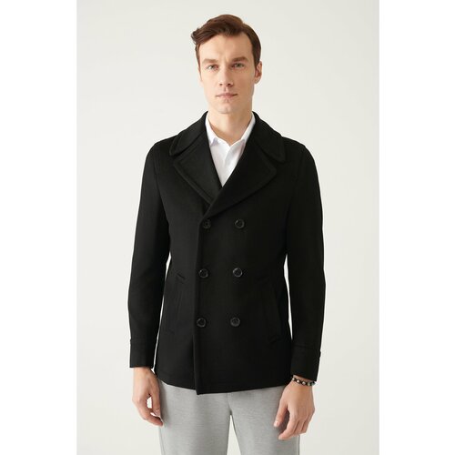Avva Men's Black Double Breasted Collar Woolen Cachet Comfort Fit Relaxed Cut Coat Cene