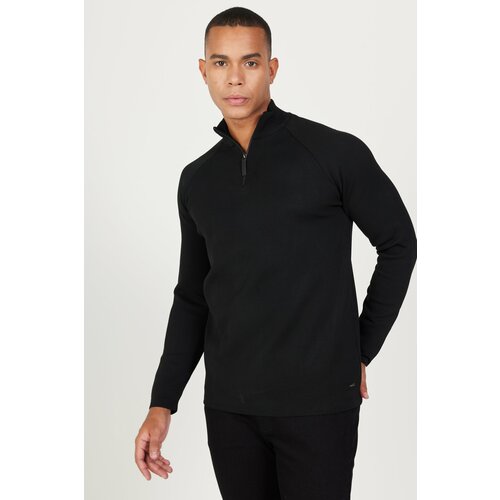 ALTINYILDIZ CLASSICS Men's Black Standard Fit Normal Cut Stand-Up Bato Collar Knitwear Sweater Slike