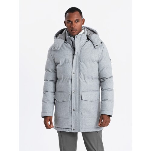 Ombre Warm men's long parka jacket with wool - light grey melange Cijene