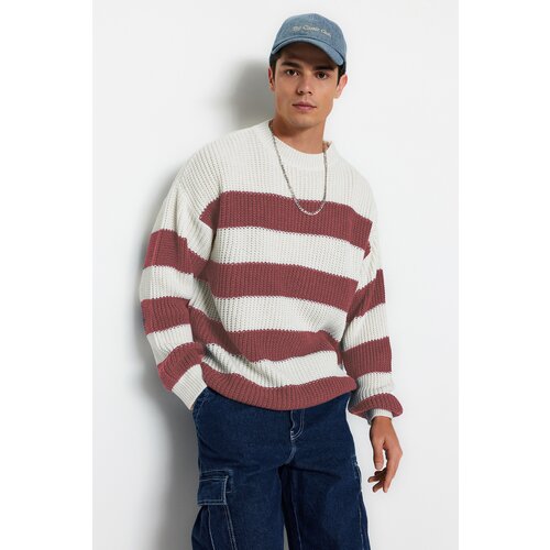 Trendyol Dried Rose Men's Oversize Fit Wide Fit Crew Neck Striped Knitwear Sweater Cene