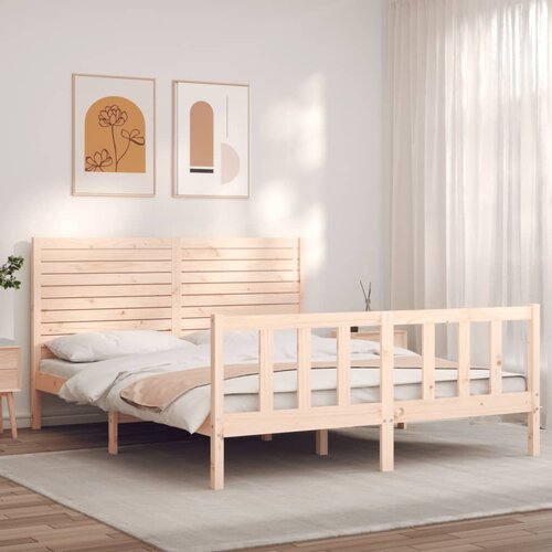The Living Store Posteljni okvir z vzglavjem 160x200 cm trden les - Posteljni Okvir, (21438380) Slike