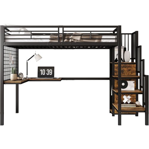 Lumor Postelja Mezzanine 90x200 cm z kotno mizo in omaro, jeklo in lesene plošče, črna in naravna, (22155737) Cene