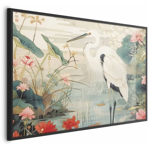  Plakat - Over the Asian Pond - illustration in the Japanese print style featuring a heron 90x60 Crni okvir Cijene