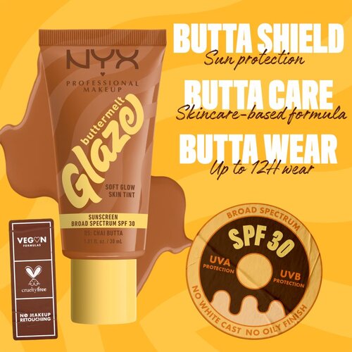NYX Professional Makeup Buttermelt Glaze Soft Glow Skin Tint SPF30 puder za vse tipe kože 30 ml odtenek 06 Praline Butta Slike