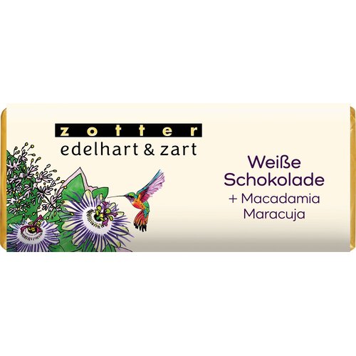 Zotter Schokoladen Bio čokolada edelhart &amp;amp; zart - &amp;quot;Bela čokolada z makadamijo in pasijonko&amp;quot; - 70 g Slike