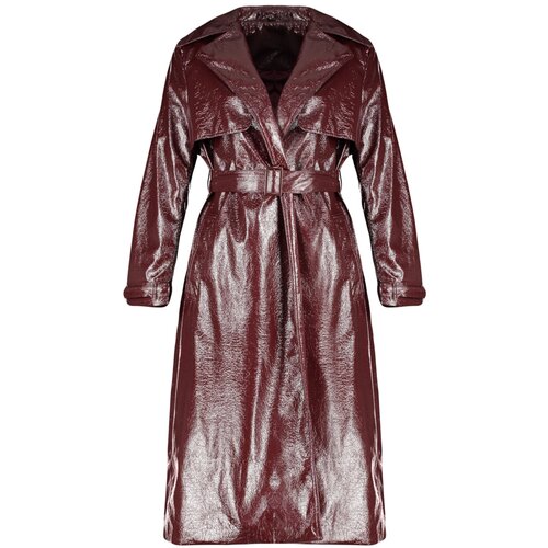 Trendyol Claret Red Oversize Wide Cut Patent Leather Trench Coat Slike