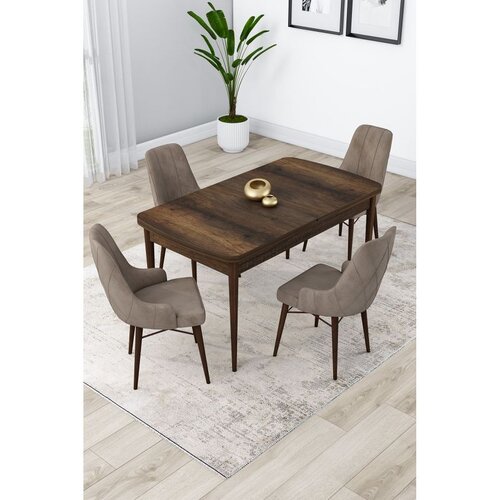 Hanah home trpezarijski set Lia, sto na razvlačenje i 4 stolice, ploča u dekoru drveta Baroque, kapućino tkanina Babyface Cene