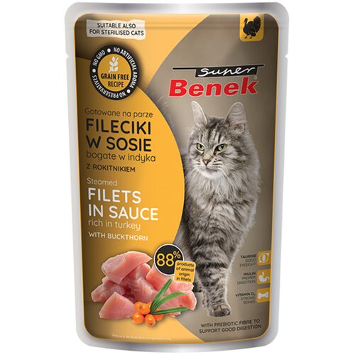 Benek Varčno pakiranje Super brez žitaric, du&amp;scaron;eni fileji, 56 x 85 g - Puran z rakitovcem v omaki Slike