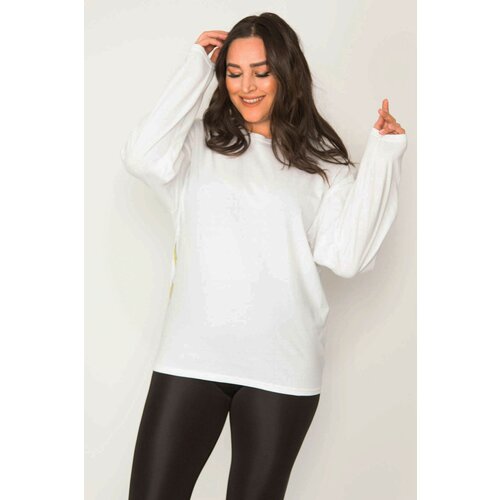 Şans Women's Plus Size Bone Cotton Fabric Crew Neck Sweatshirt with Print Detail on the Back Slike