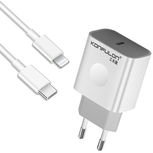  Kućni punjač KONFULON C69D+DC13 PD20W sa PD kablom Type C na iPhone lightning beli Slike