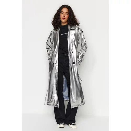 Trendyol Silver Belted Shiny Trench Coat