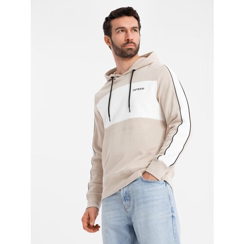 Ombre Men's cotton hoodie with contrasting elements - beige Cene