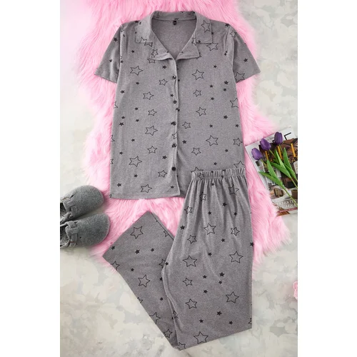 Trendyol Curve Grey Melange Star Patterned Shirt Collar Knitted Pajama Set