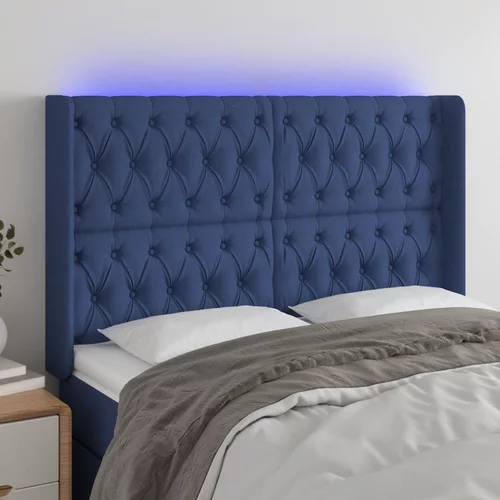 vidaXL LED posteljno vzglavje modro 147x16x118/128 cm blago